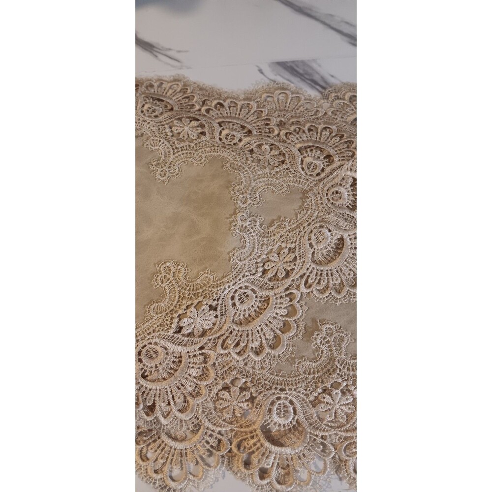 Beige Faux Leather And Lace Table Runner Boho Wedding Cottage - Picture 3 of 4
